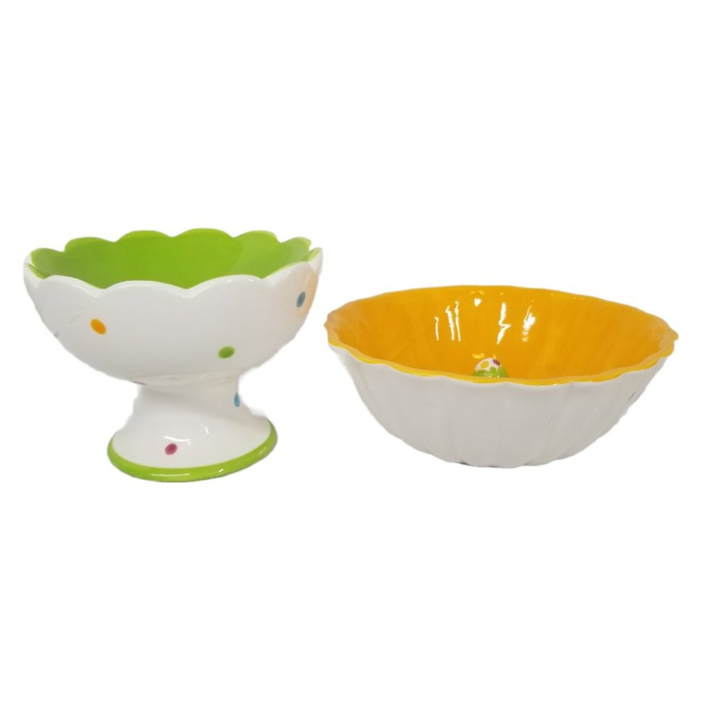 Easter Decorative Dishes Polka Dot Pedestal Bowl and Orange Bowl Chick inside